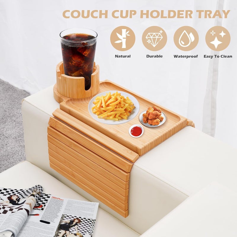 GHKINMAL Couch Cup Holder Tray, 3 in 1 Couch Arm Trays,Large Bamboo Chair Arm Rest Tray with 360° Cup Holder,Removable Anti-Slip Organizer for Snack Eating - Image 5